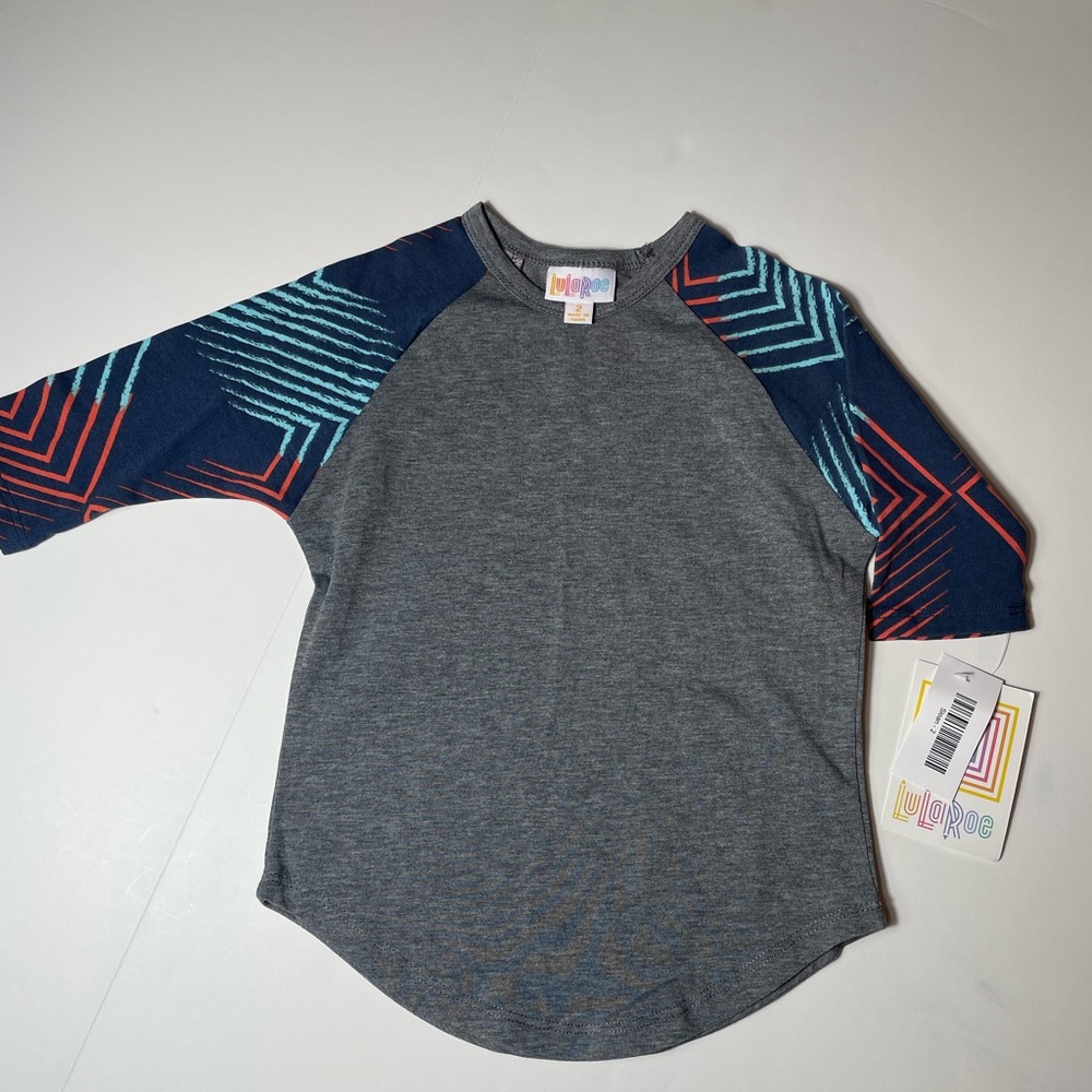 LuLaRoe Kids Gray and Blue Sloan Raglan Shirt